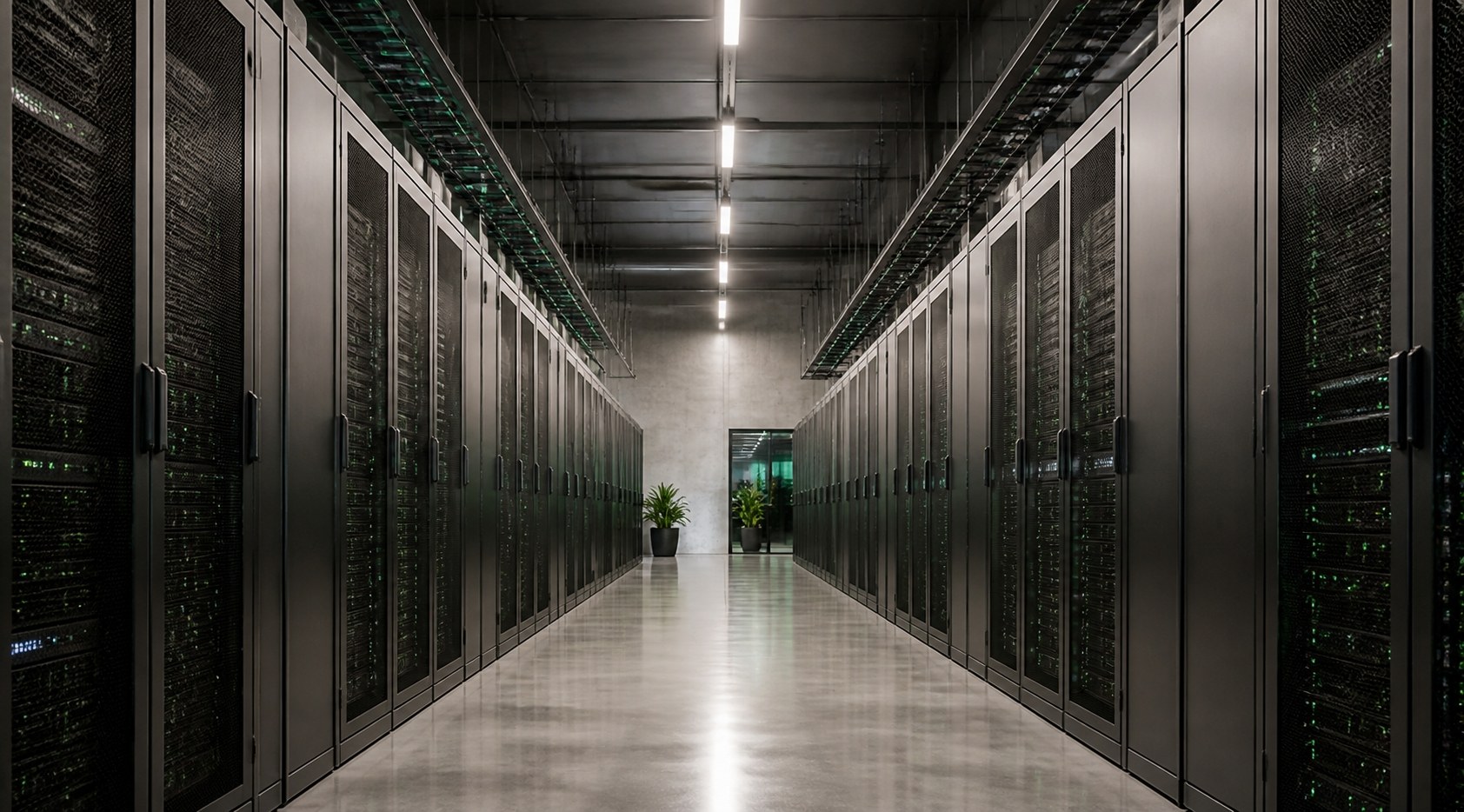 AI data center corridor — liquid-cooled compute infrastructure