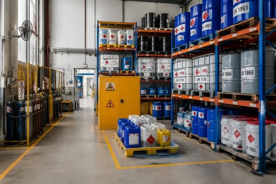 Chemical compliance warehouse with flammables cabinet and labelled drums — Hong Kong